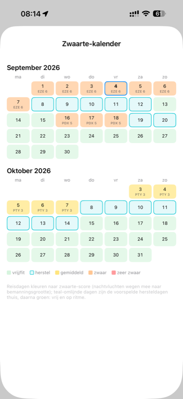 Severity calendar with rotations, destination codes and recovery days